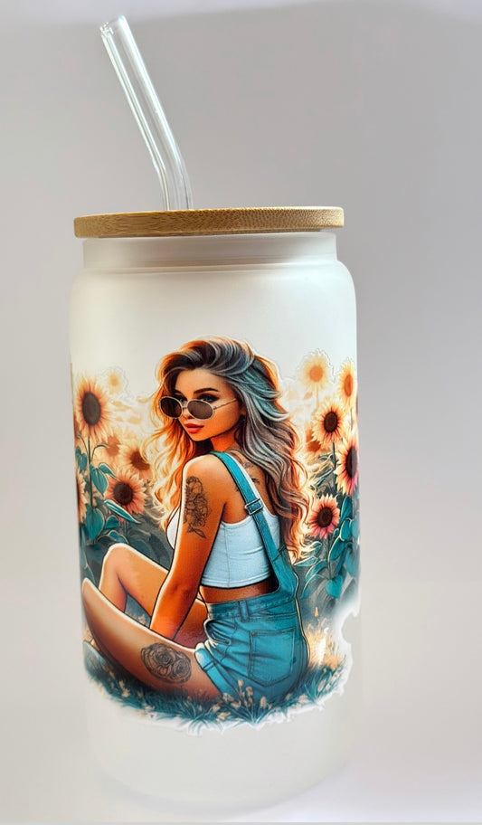 Sunflower girl - 16oz frosted glass can