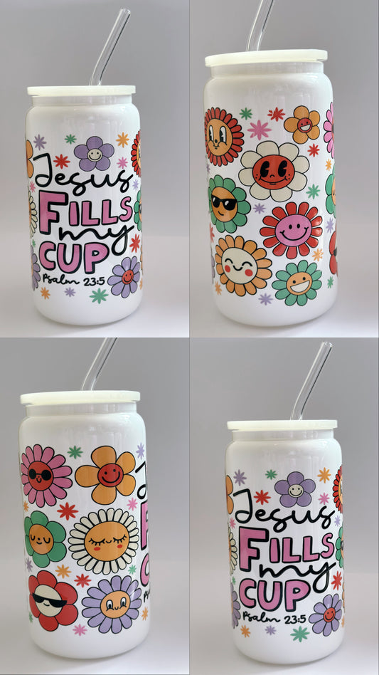 Jesus fills my cup - 16oz white glass can